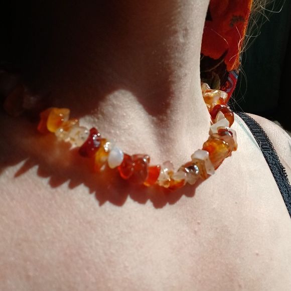 Real agate necklace, lightly polished stones, amber colouring - Picture 3 of 13